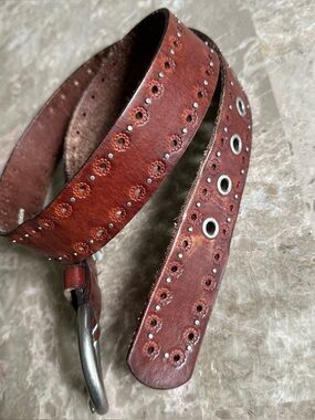 Fossil Brown Leather Grommet Belt with Silver Round Buckle